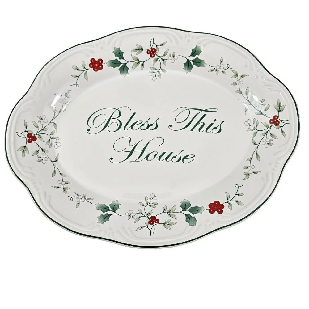 Pfaltzgraff Winterberry Oval Ceramic BLESS THIS HOUSE Holly Platter Plate